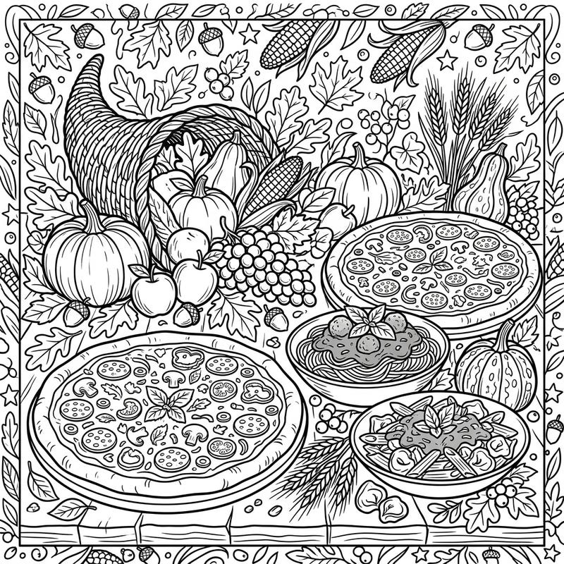 Indulge in a unique Thanksgiving celebration with this delightful coloring page featuring a generous spread of pizzas and pasta. Surrounded by a festive harvest bounty, it's the perfect blend of holiday tradition and culinary joy to color.