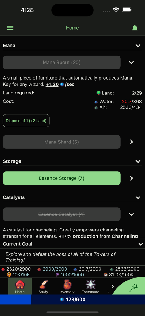 Magic Research 2 - Écran d'accueil de Magic Research 2 affichant les détails de production de mana et les métriques de gestion des ressources