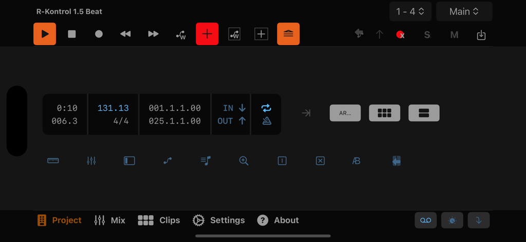 R-KONTROL - Aplicativo de produção musical R-KONTROL mostrando controles de transporte de projeto e exibição de tempo