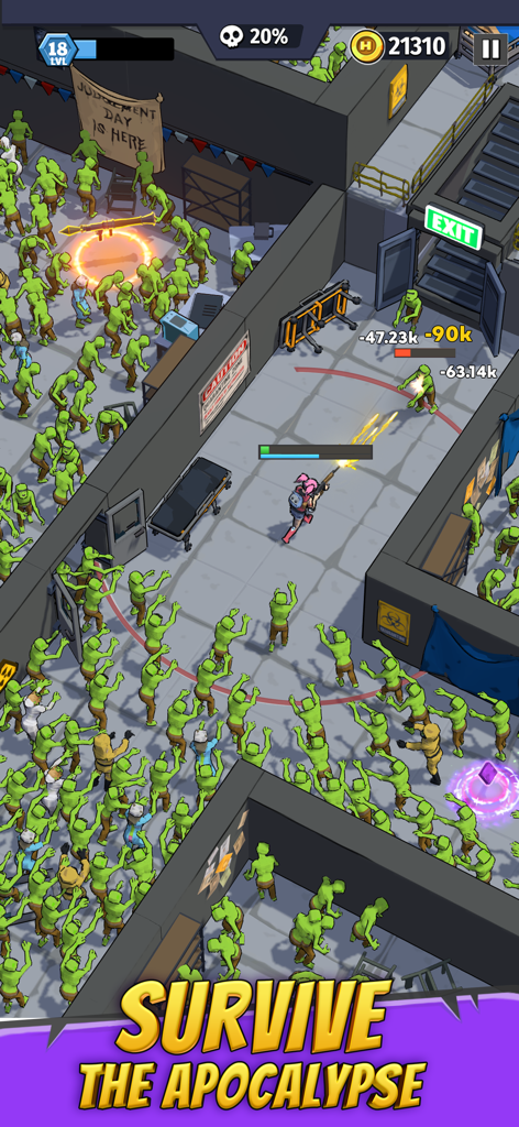 Last Heroのトップダウンシューターのゲームプレイで、プレイヤーキャラクターが医療施設で緑色のゾンビの群れと戦っている様子