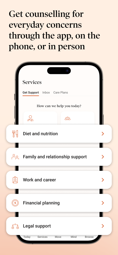 Dialogue Health - Interface of the Dialogue Health app showing a list of wellness services including diet family work and legal support.