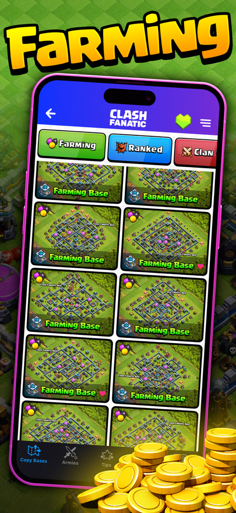 CoC Fanatic for Clash of Clans - Interfaz de la aplicación CoC Fanatic que muestra varios diseños de bases de farmeo para Clash of Clans.