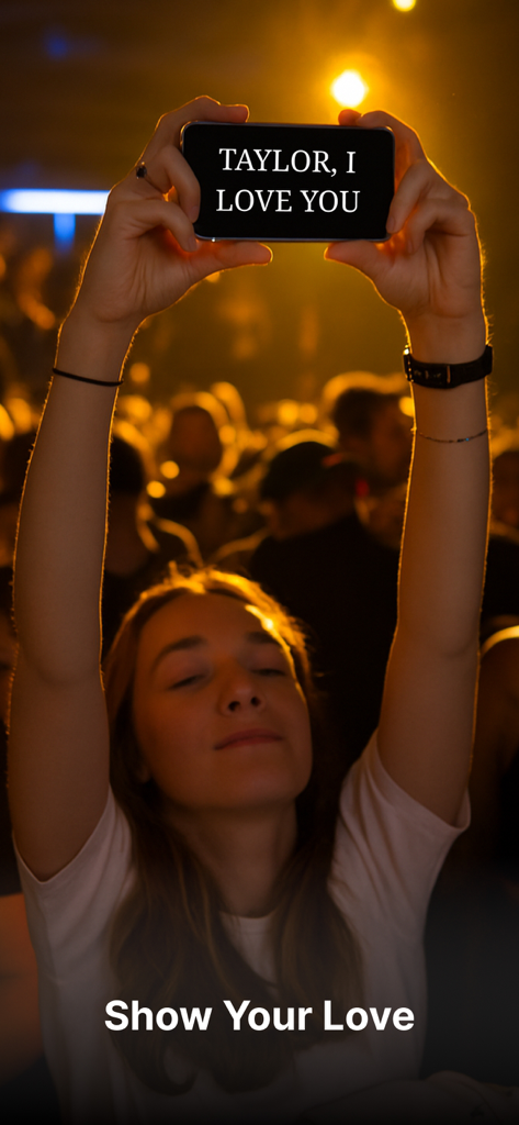 Uma mulher em um show segurando seu telefone exibindo Taylor I love you em texto grande e em tela cheia