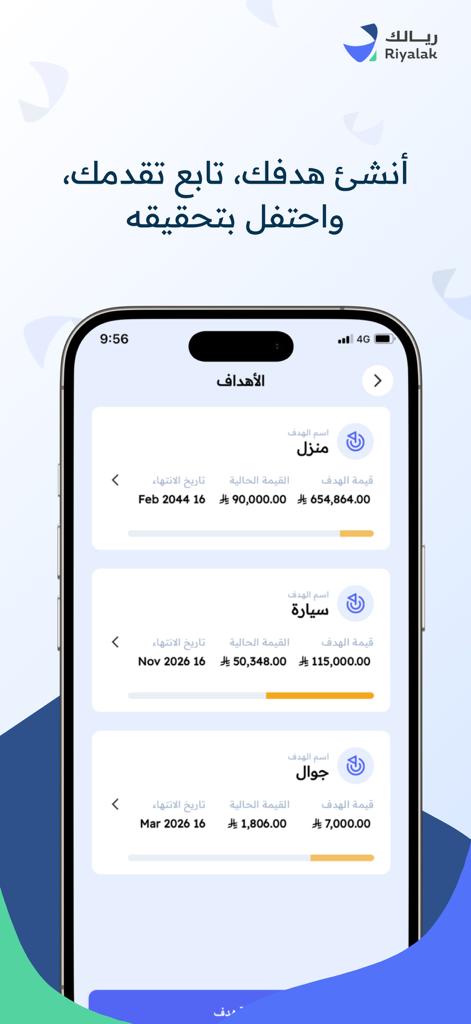 Screenshot of the Riyalak app interface in Arabic displaying financial goals such as buying a house and a car with visual progress tracking bars.