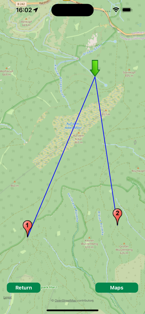 A topographic map in the Geocaching GCTK app showing two points intersecting at a calculated waypoint coordinate.
