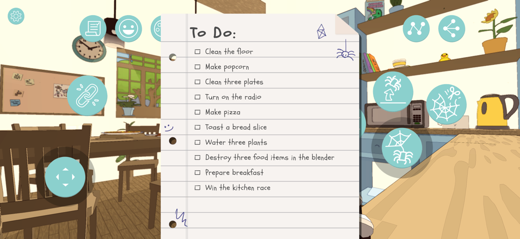 Un foglio di quaderno che mostra un elenco di cose da fare in un ambiente di cucina dal gioco A Webbing Journey