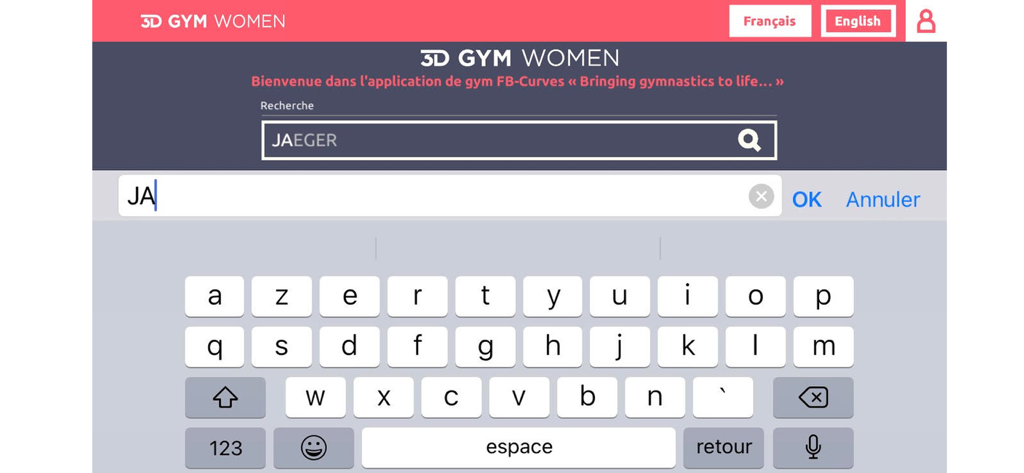 Search bar in the 3D Gym Women app interface showing a search for the Jaeger gymnastics skill with a virtual keyboard.