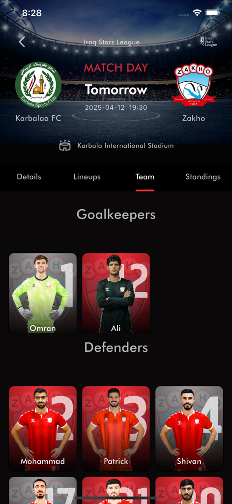 Zakho SC - L'app Zakho SC mostra i dettagli della giornata e la rosa della squadra, inclusi portieri e difensori