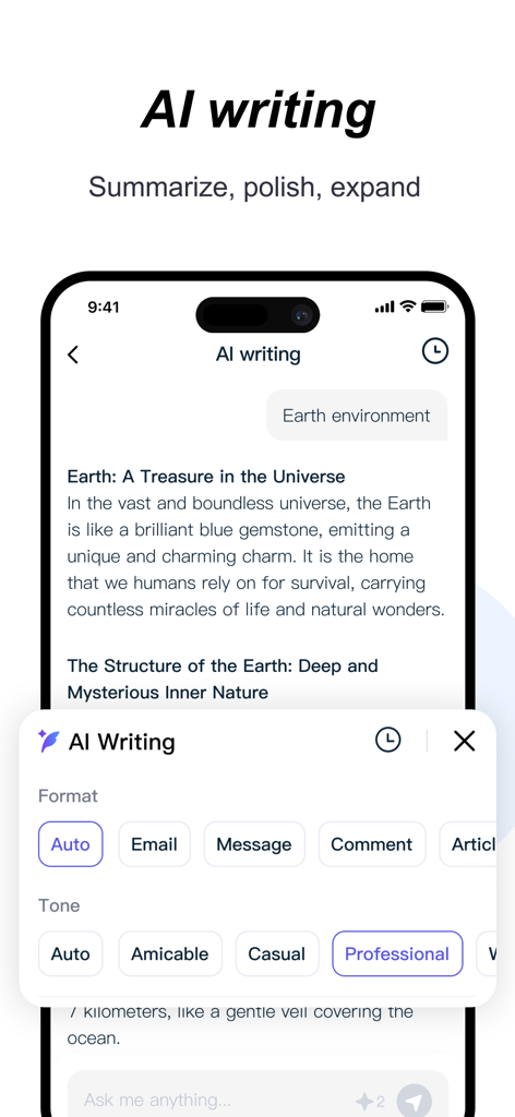 Nice AI Spark - Nice AI Spark mobile app interface showing AI writing assistant with text formatting and tone selection options