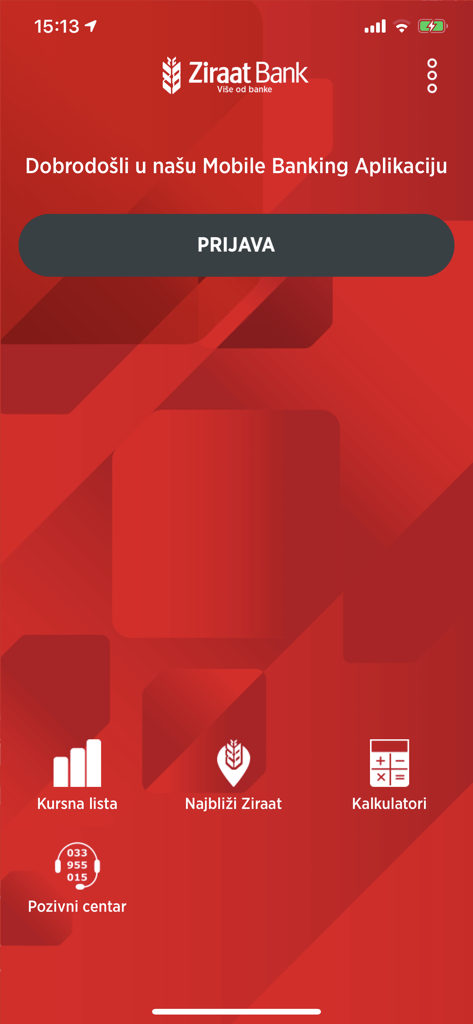 Login screen of the Ziraat Bank BH Mobile banking application featuring a red background and quick access icons