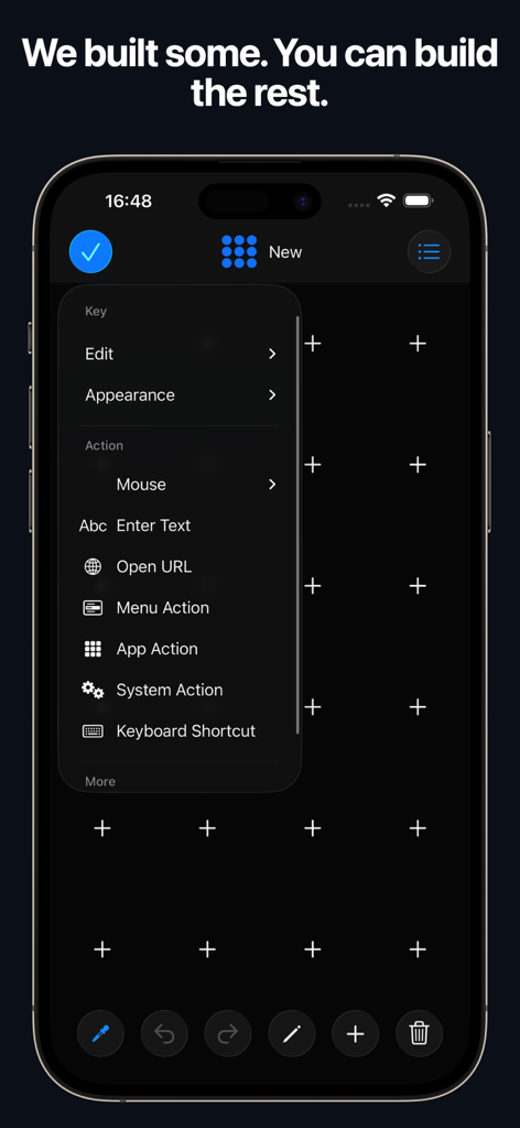 Remote, Mouse & Keyboard Pro - Interfaz de la aplicación Remote Mouse and Keyboard Pro mostrando cómo crear paneles de control personalizados con acciones y atajos