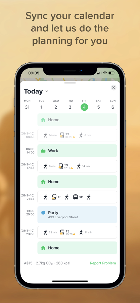 TripGo - Daily commute itinerary in TripGo app showing synced calendar events and multimodal transport routes.