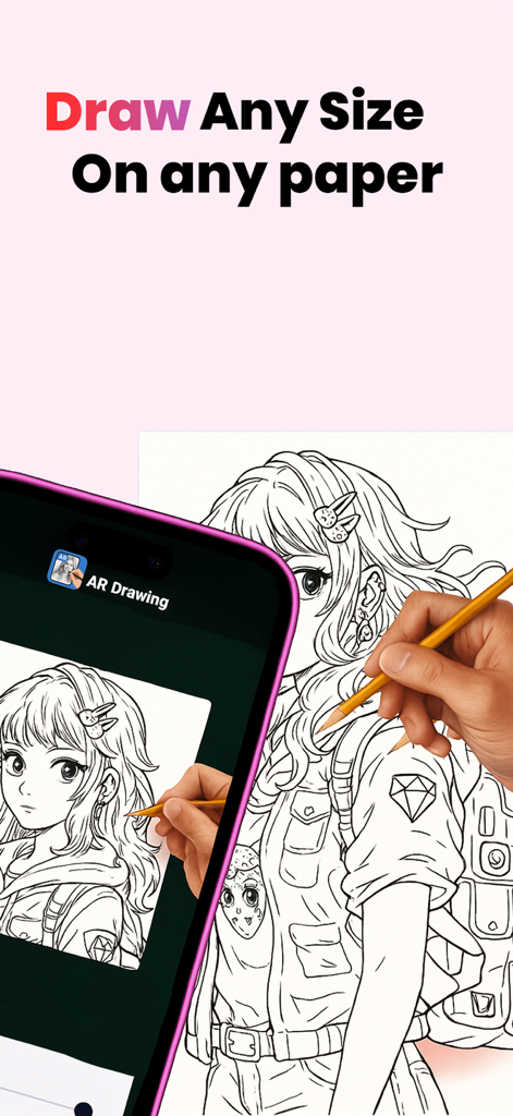 AR Drawing: Trace & Sketches - A person using the AR Drawing app to trace a detailed anime character sketch onto physical paper.