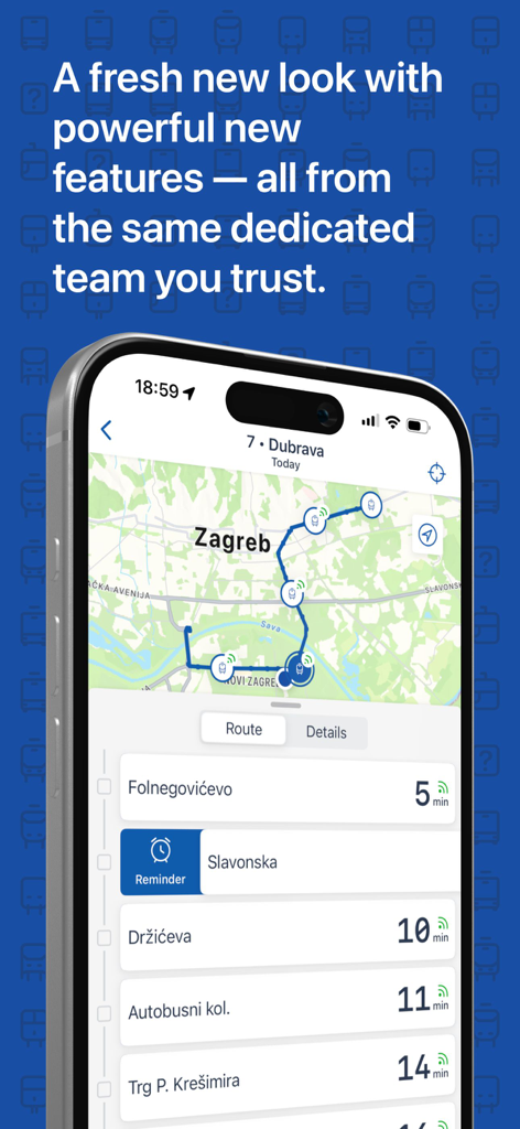 Smartphone-Bildschirm mit der ZET info App, die eine Verkehrskarte von Zagreb und Echtzeit-Ankunftszeiten für Bus- oder Straßenbahnhaltestellen zeigt