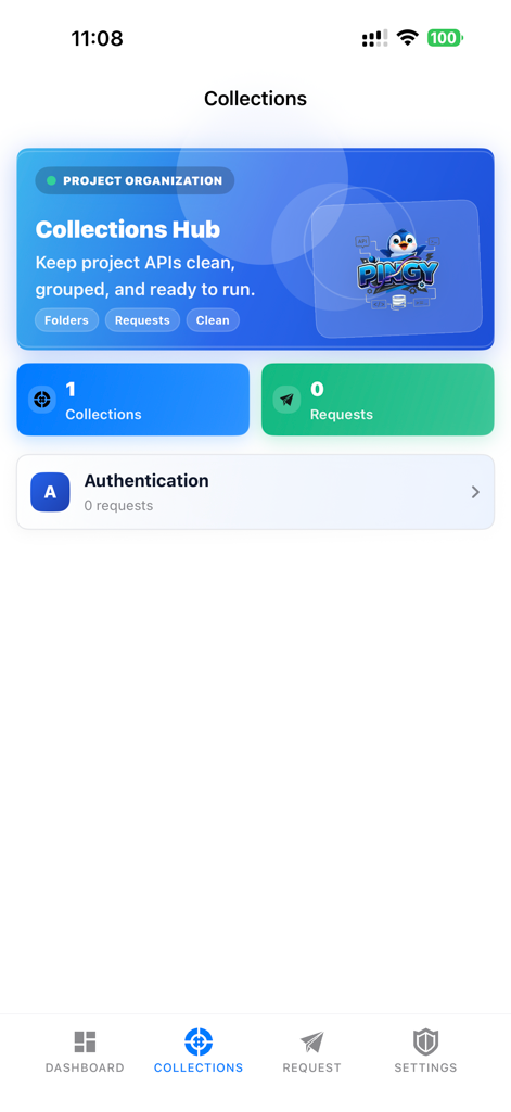 Pantalla del Centro de Colecciones en la aplicación cliente de API Pingy que muestra carpetas de solicitudes de proyectos organizadas y estadísticas.