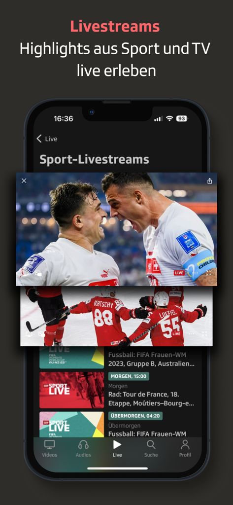 Interfaccia dell'app Play SRF che mostra highlights di streaming sportivo live per calcio e hockey su ghiaccio