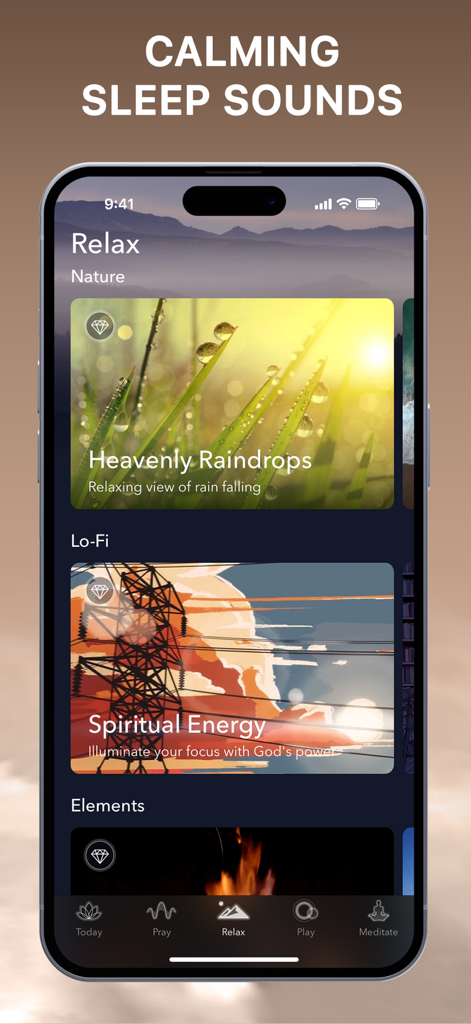 BlessedPath app interface showing the Relax section with calming sleep sounds like Heavenly Raindrops and Spiritual Energy