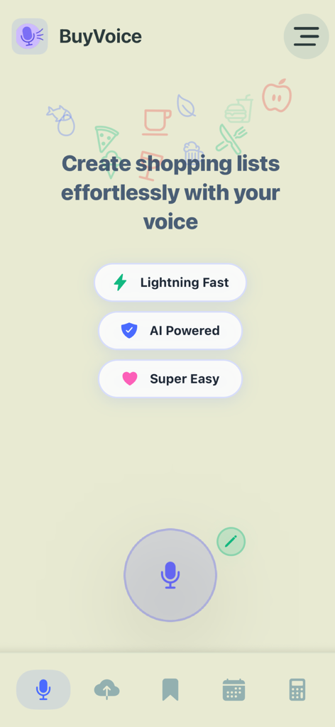 BuyVoice mobile app home screen with voice command button and AI powered shopping list features