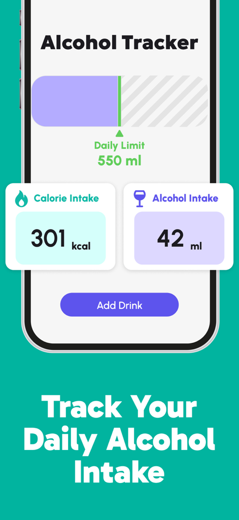 Alcohol Drink Tracker - A mobile app interface for tracking daily alcohol consumption and calories with a progress bar and add drink button