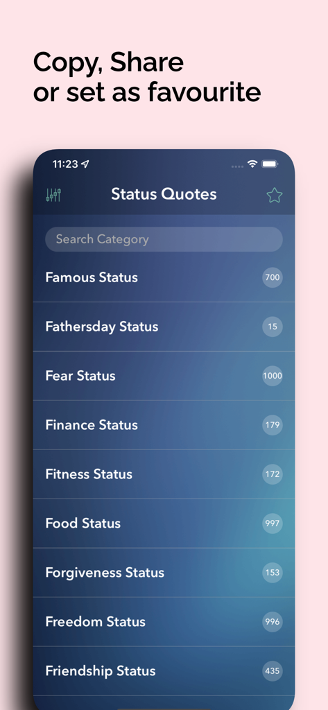 A mobile app screen showing a list of quote categories including Famous Fitness and Friendship statuses