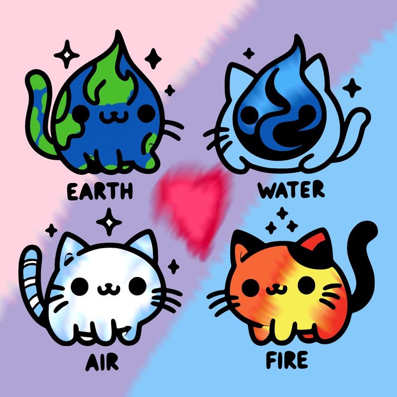 4 cats that represent the different elements, earth, water, air, and fire