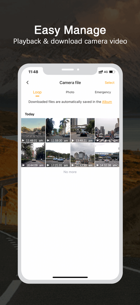 Peztio app interface showing a list of recorded dashcam videos ready for playback and download on a smartphone
