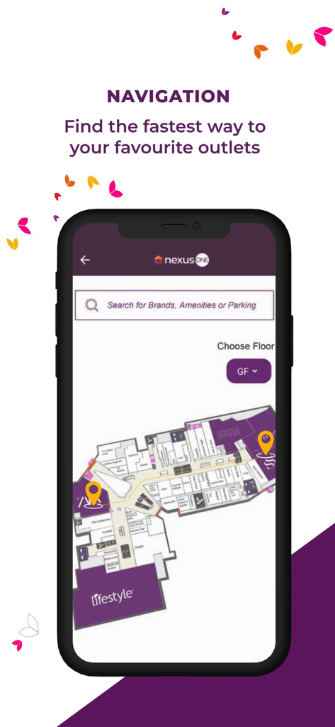 nexusONE - nexusONE app indoor mall navigation map showing store locations and floor plans
