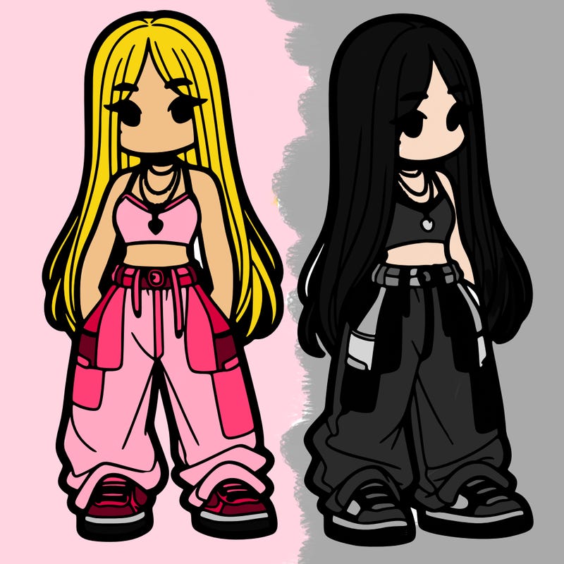 girl in baggy pants crop top and long hair