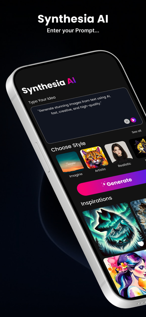 Synthesia AI mobile app interface for creating images from text prompts