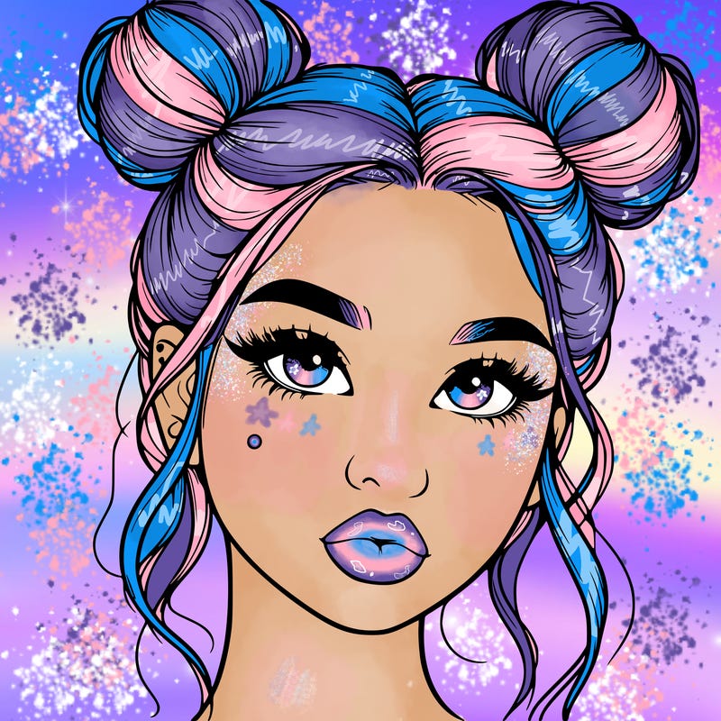 realistic girl with two buns on her hair and lips