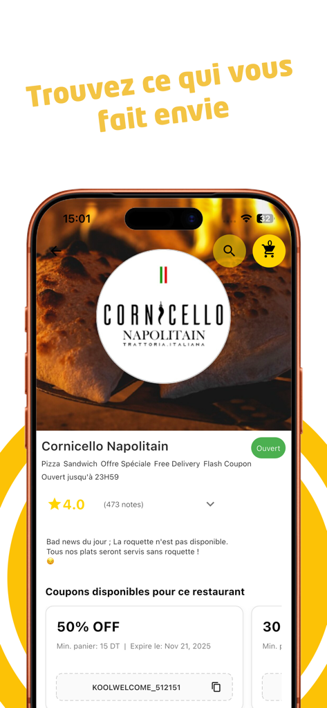 Kool Delivery - Kool Delivery app displaying a restaurant profile with available food discount coupons