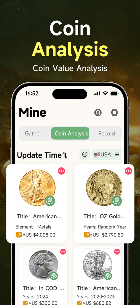 Go Coin Identifier: Coin Value - Mobile app interface of Go Coin Identifier showing a collection of gold and silver coins with their market values