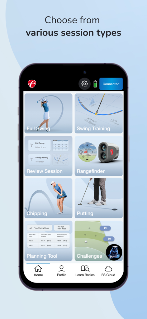 FS Golf - FS Golf app home screen showing various practice session types including full swing and swing training