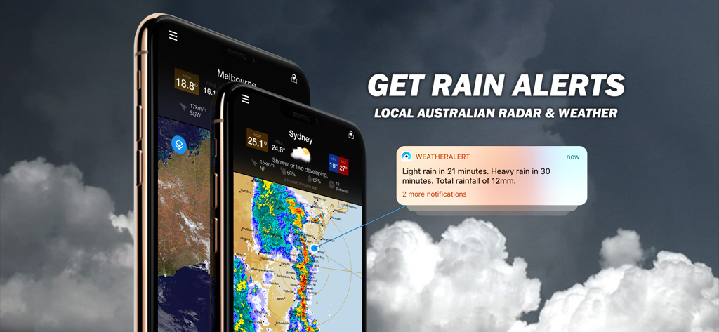 AUS Radar: WeatherAlert - AUS Radar WeatherAlert app displaying rain radar maps and predictive weather notification on iPhone