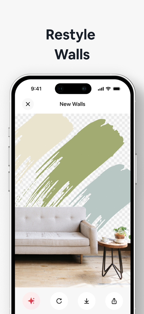 A smartphone screen displaying the AI Home Decor app's Restyle Walls feature with different paint color swatches applied to a living room wall.