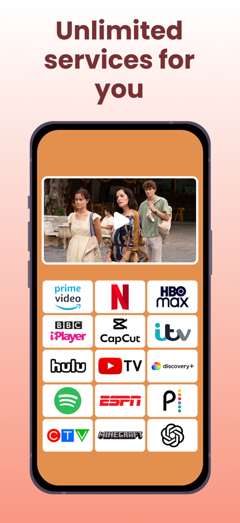 Dash VPN screen showing access to various streaming services games and apps like Netflix and ChatGPT