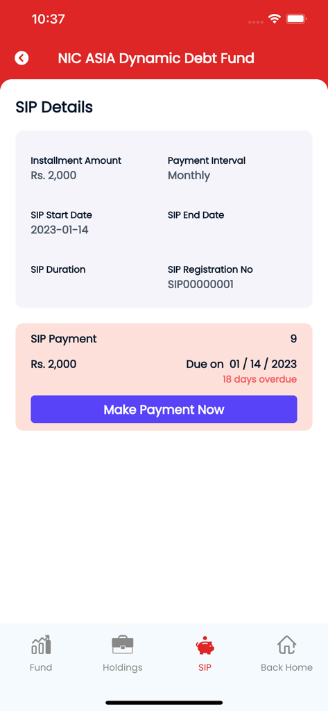 NIC ASIA Capital - NIC ASIA Capital app interface showing systematic investment plan details and payment status