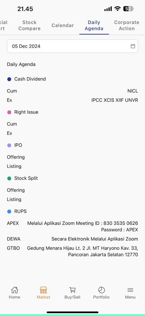 Semesta Online - Semesta Online mobile app daily agenda screen showing corporate actions like dividends and shareholder meetings for the Indonesian stock market.
