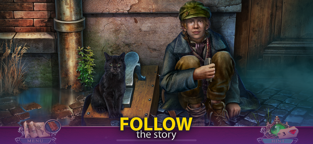 Dark City: London (F2P) - A boy in Victorian clothes sitting next to a black cat in a dark alleyway