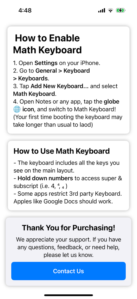 Math Keyboard For Equations - Onboarding screen showing steps to enable and use the Math Keyboard for Equations on iOS