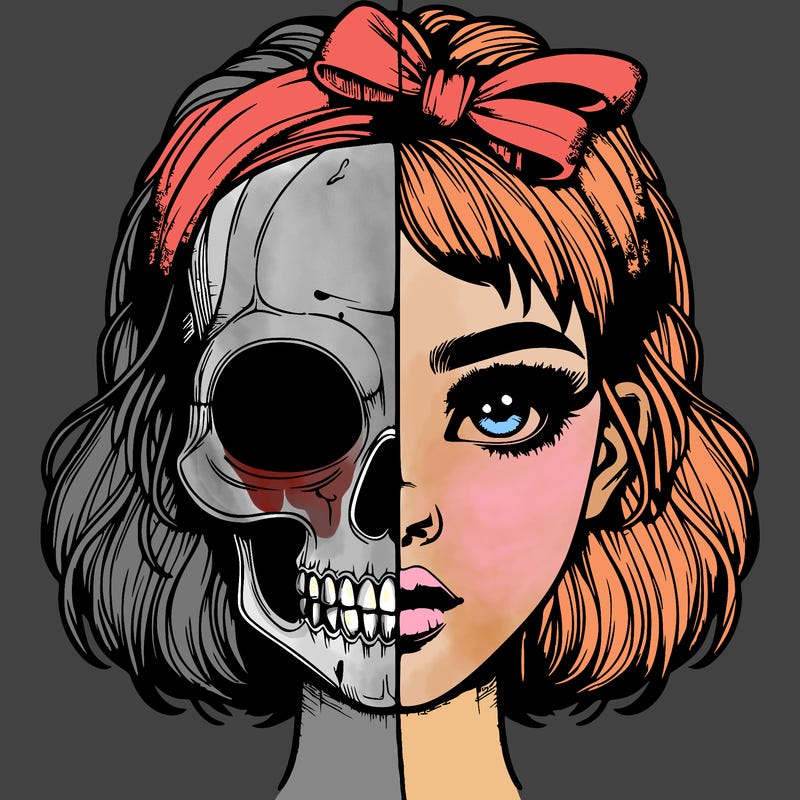 realistic girl with half skull mask