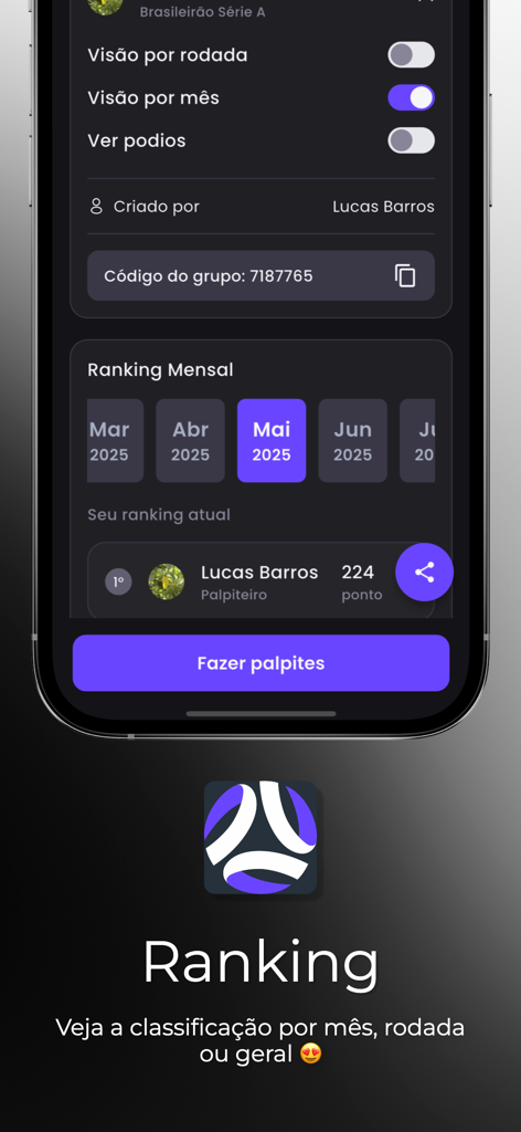 Bolão Entre Amigos - Monthly ranking leaderboard screen in the Bolao Entre Amigos sports prediction app