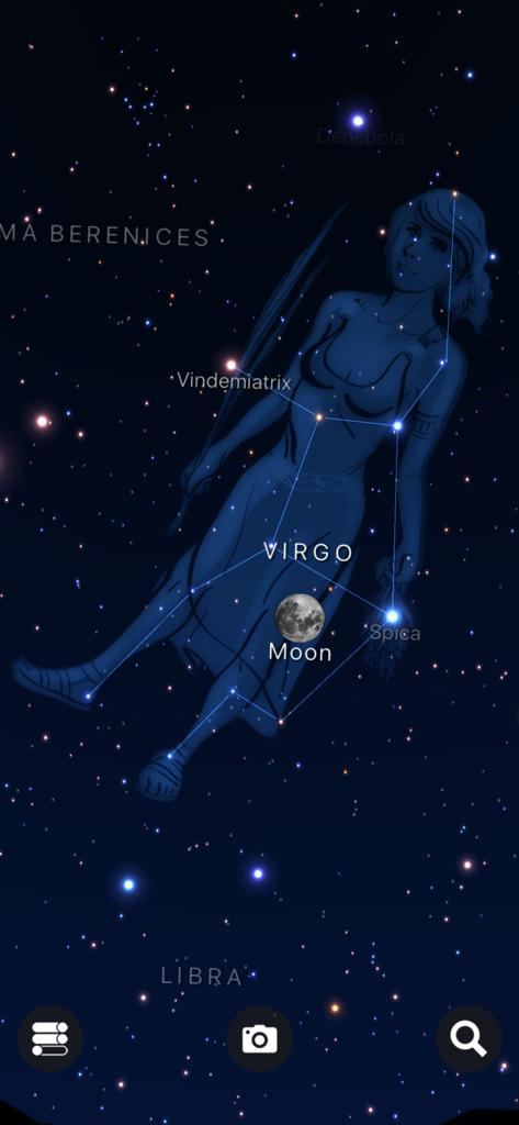 Starlight app showing the Virgo constellation and the moon in the night sky