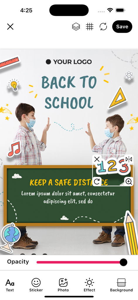 Flyer Maker & Poster Creator - チラシメーカーアプリのインターフェース。ステッカーやテキスト編集ツールを備えた「新学期」ポスターデザインを表示