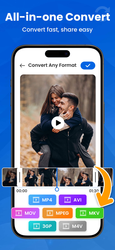 Video Compressor - VidPress - Captura de pantalla de la aplicación VidPress mostrando opciones para convertir video a varios formatos como MP4, AVI y MOV.
