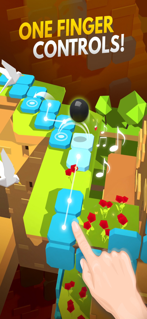 Dancing Ball World: Music Game - A screenshot of Dancing Ball World showing a hand using one finger to control a black ball on a rhythmic blue block path.