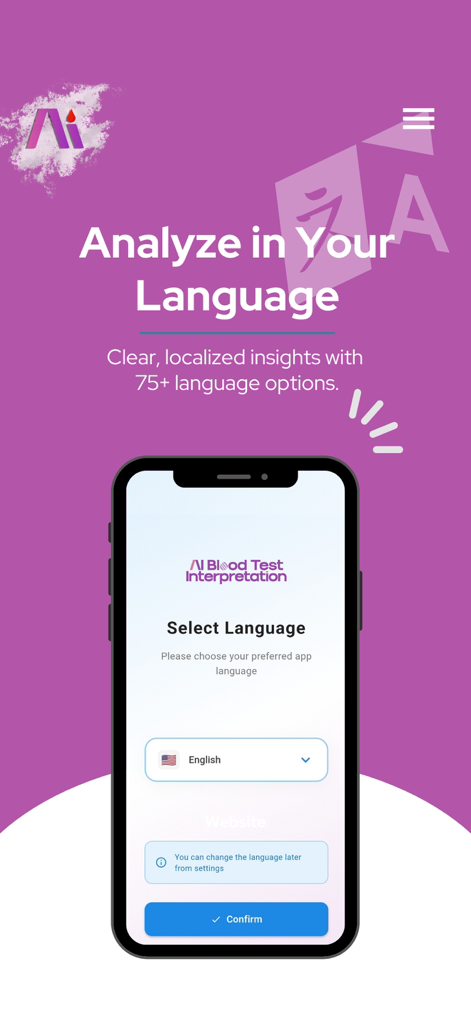 Kantesti – AI Blood Test - Kantesti app interface showing language selection options for AI blood test interpretation