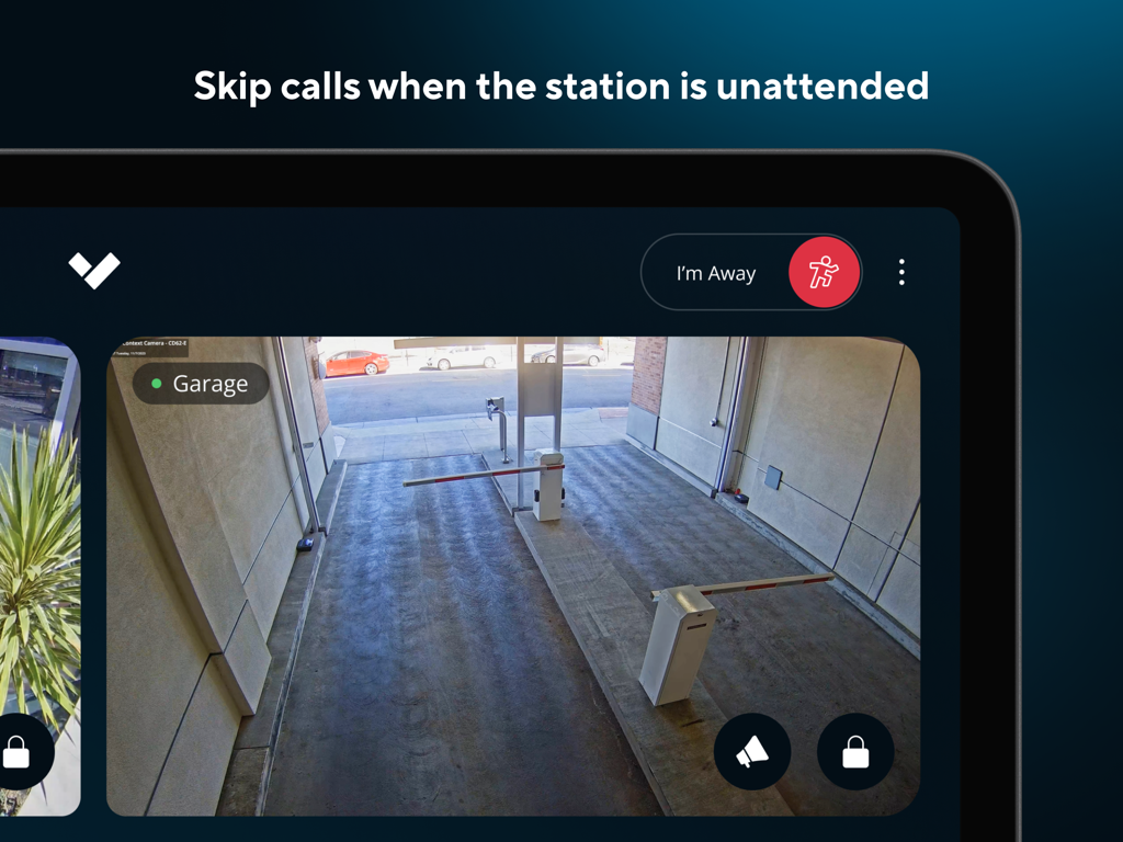 Verkada Desk Station - Verkada Desk Station interface on iPad showing the away mode toggle and a live garage camera feed