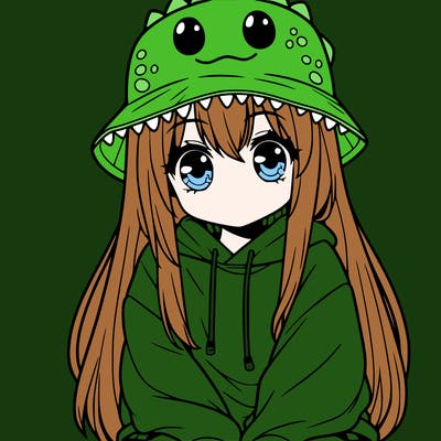 girl with anime shaped eyes with a dinosaur bucket hat oversized sweatshirt long straight hair