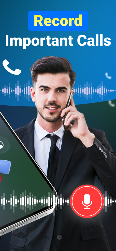 Call Recorder:Automatic Record - Un empresario profesional grabando una llamada telefónica importante usando la aplicación Grabadora de Llamadas
